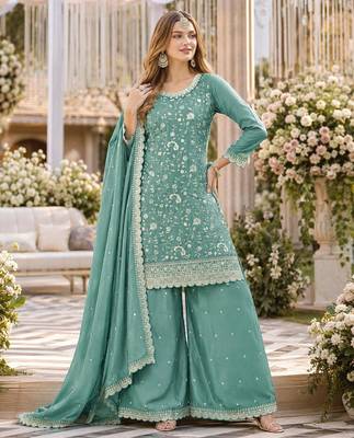 aqua blue embroidered chinon silk blend  semi stitched palazzo suit 1