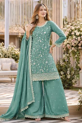 aqua blue embroidered chinon silk blend  semi stitched palazzo suit