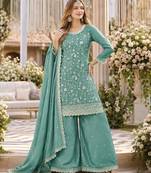 aqua blue embroidered chinon silk blend  semi stitched palazzo suit