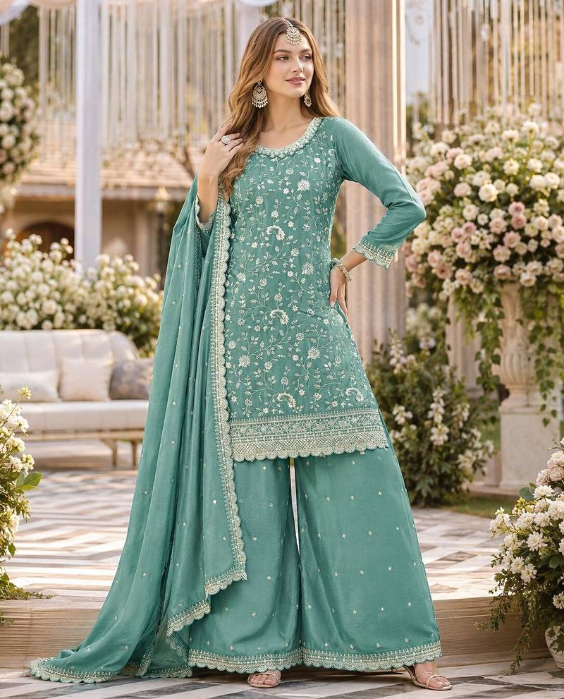 aqua blue embroidered chinon silk blend  semi stitched palazzo suit