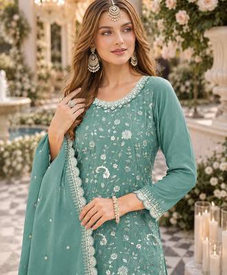 aqua blue embroidered chinon silk blend  semi stitched palazzo suit 2