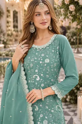 aqua blue embroidered chinon silk blend semi stitched palazzo suit
