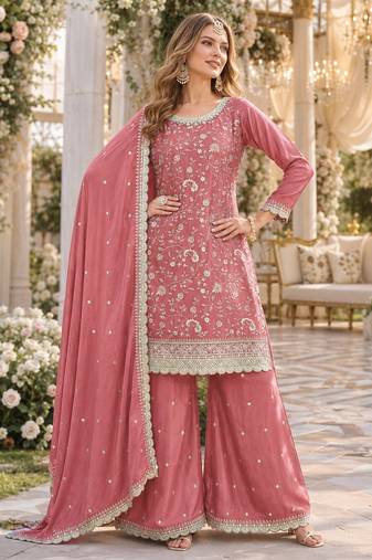 peach embroidered chinon silk blend semi stitched palazzo suit