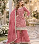 peach embroidered chinon silk blend  semi stitched palazzo suit