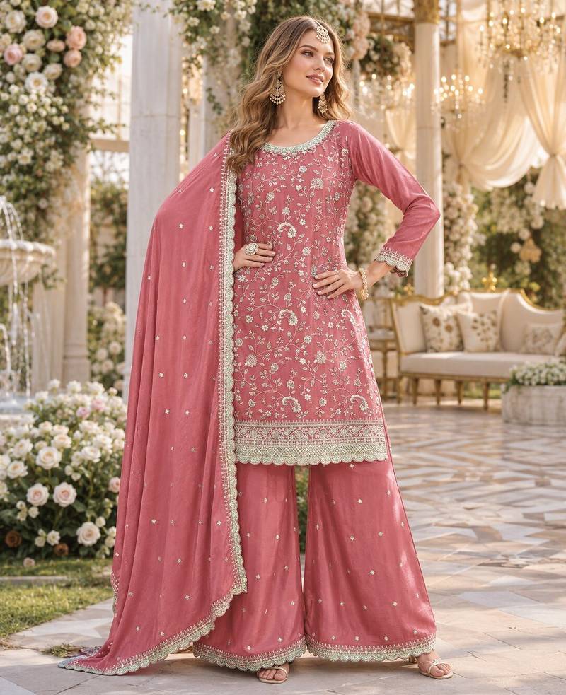 peach embroidered chinon silk blend  semi stitched palazzo suit