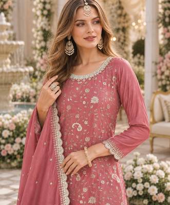 peach embroidered chinon silk blend  semi stitched palazzo suit 2