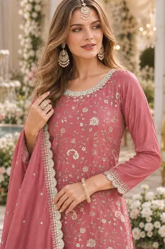 peach embroidered chinon silk blend semi stitched palazzo suit