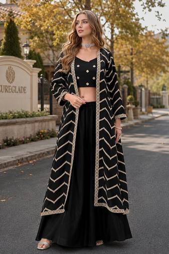 black chinon designer free size stitched indo western