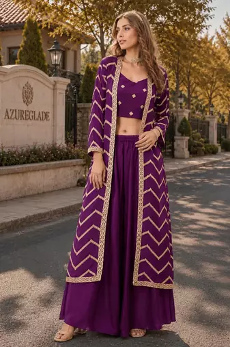 purple chinon designer free size stitched indo western