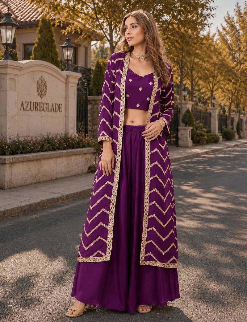 purple chinon designer free size stitched indo western