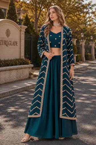 teal chinon designer free size stitched indo western