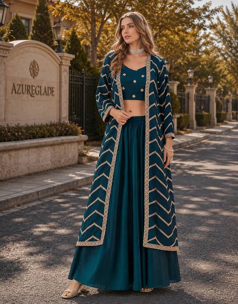 teal chinon designer free size stitched indo western