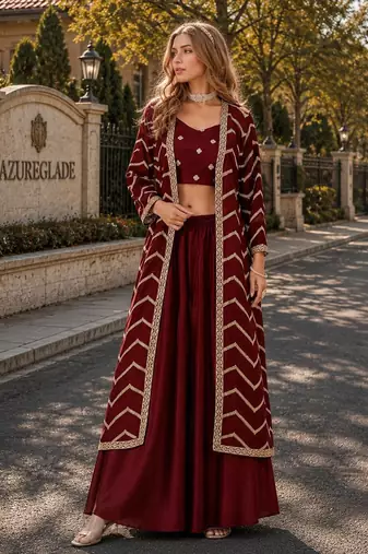 maroon chinon designer free size stitched indo western