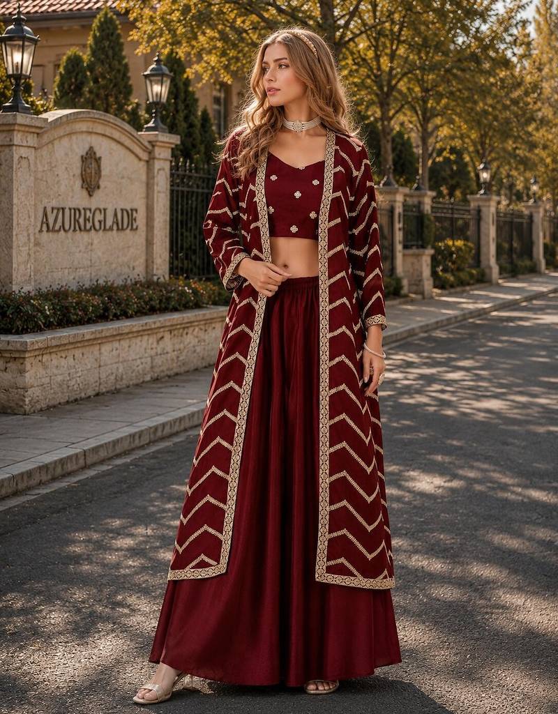 maroon chinon designer free size stitched indo western