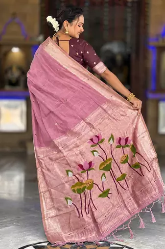 Pink cotton silk saree with colorful floral weaving pallu with blouse