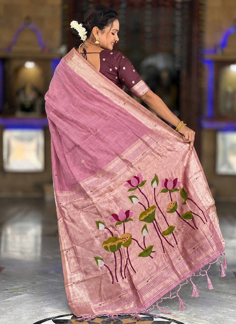 Pink cotton silk saree with colorful floral weaving pallu with blouse