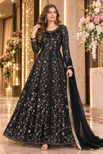 black embroidered net semi stitched anarkali suit
