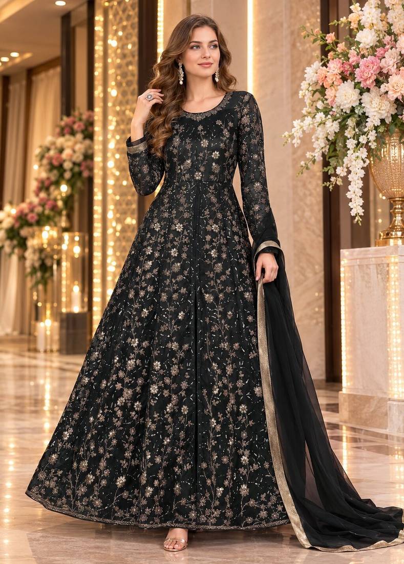 black embroidered net semi stitched anarkali suit
