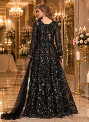 black embroidered net semi stitched anarkali suit 2
