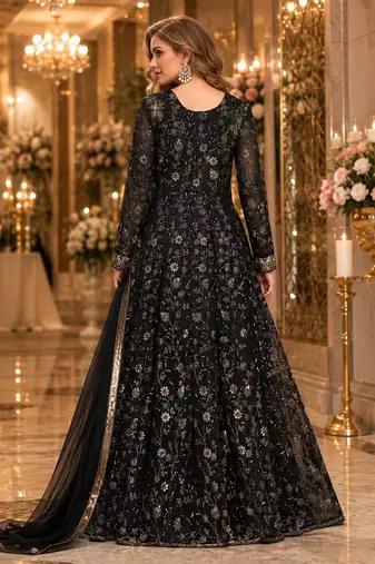 black embroidered net semi stitched anarkali suit