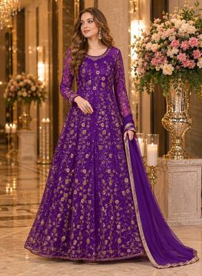 purple embroidered net semi stitched anarkali suit 1