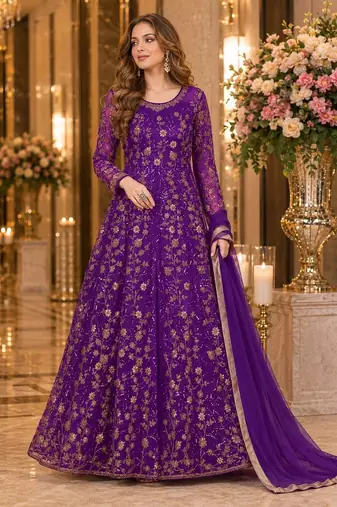 purple embroidered net semi stitched anarkali suit