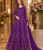 purple embroidered net semi stitched anarkali suit