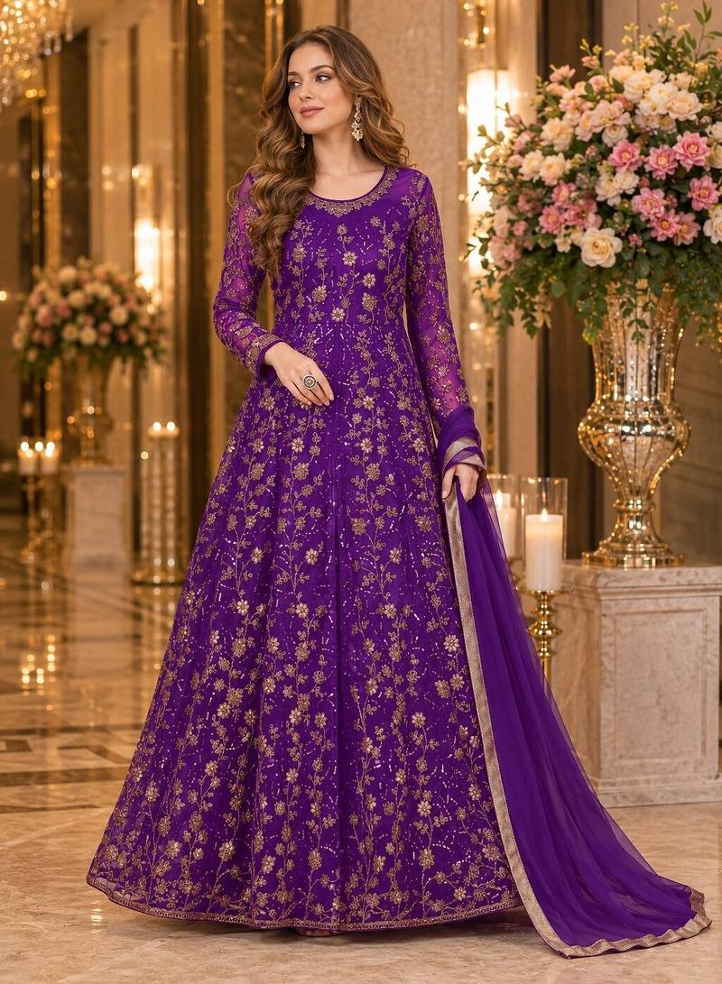 purple embroidered net semi stitched anarkali suit