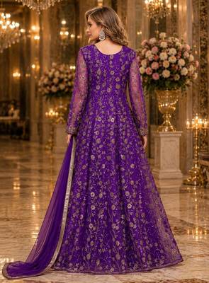 purple embroidered net semi stitched anarkali suit 2