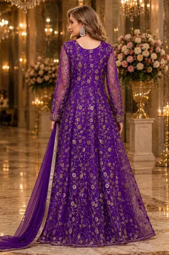 purple embroidered net semi stitched anarkali suit