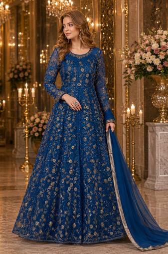 blue embroidered net semi stitched anarkali suit