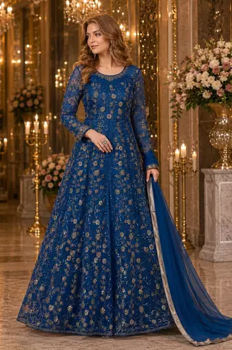blue embroidered net semi stitched anarkali suit