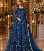 blue embroidered net semi stitched anarkali suit
