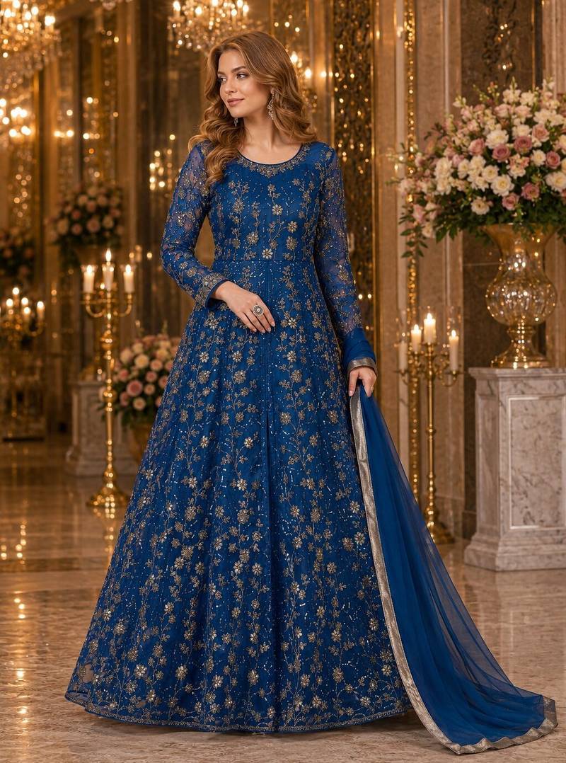 blue embroidered net semi stitched anarkali suit