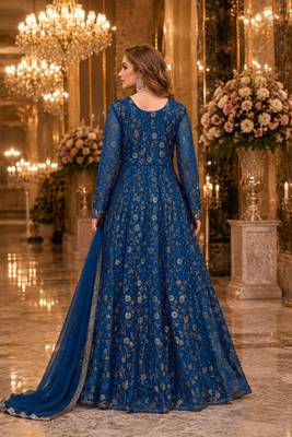 blue embroidered net semi stitched anarkali suit 2