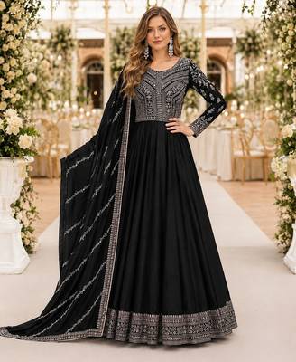 black embroidered art silk blend  semi stitched anarkali suit 1