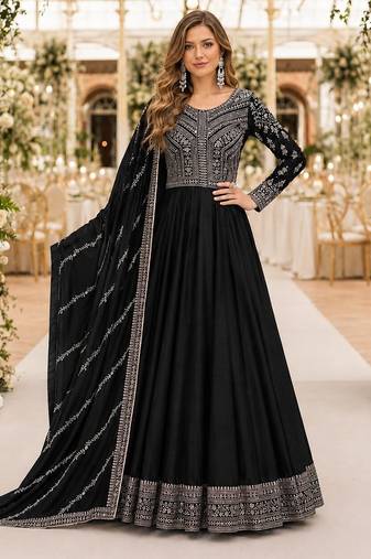 black embroidered art silk blend  semi stitched anarkali suit