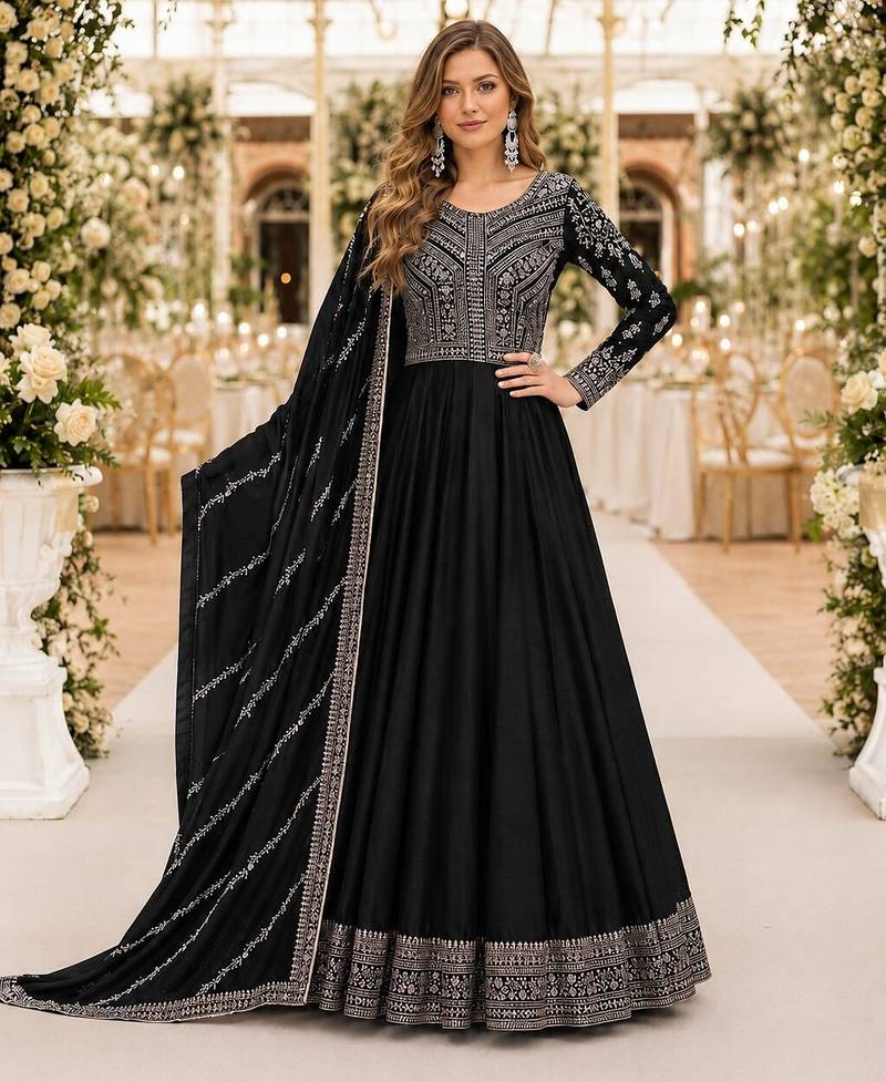 black embroidered art silk blend  semi stitched anarkali suit
