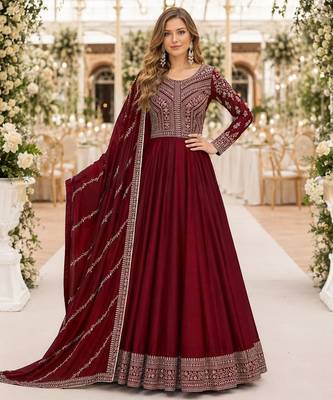 maroon embroidered art silk blend  semi stitched anarkali suit 1