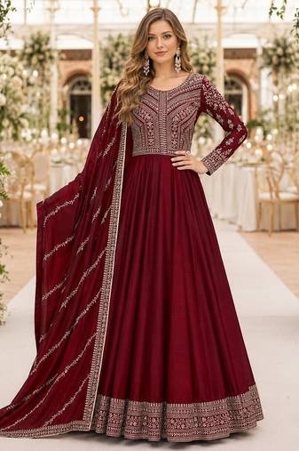 maroon embroidered art silk blend  semi stitched anarkali suit