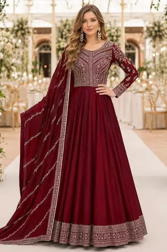 maroon embroidered art silk blend  semi stitched anarkali suit