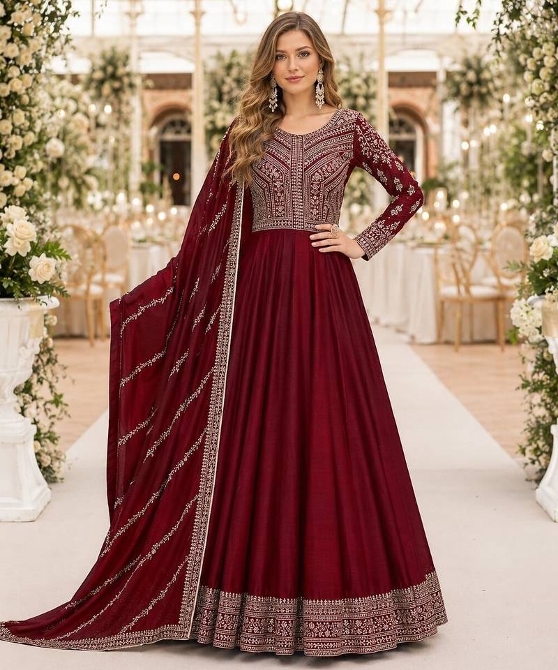 maroon embroidered art silk blend  semi stitched anarkali suit