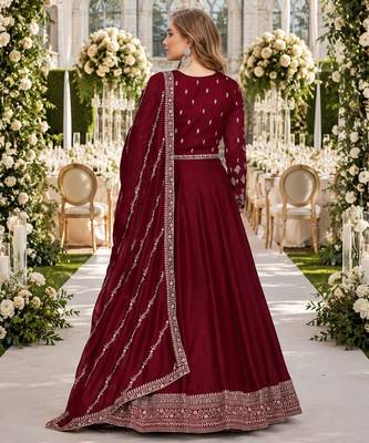 maroon embroidered art silk blend  semi stitched anarkali suit 2