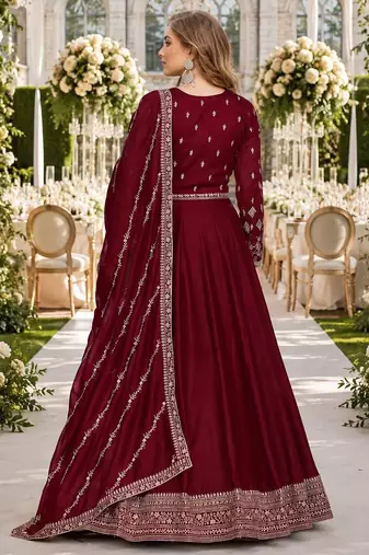 maroon embroidered art silk blend  semi stitched anarkali suit