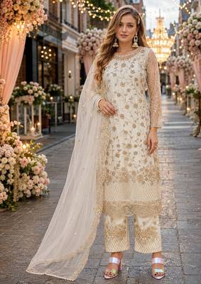 white embroidered net semi stitched salwar suit 1