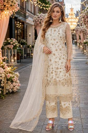 white embroidered net semi stitched salwar suit