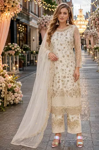 white embroidered net semi stitched salwar suit