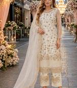 white embroidered net semi stitched salwar suit