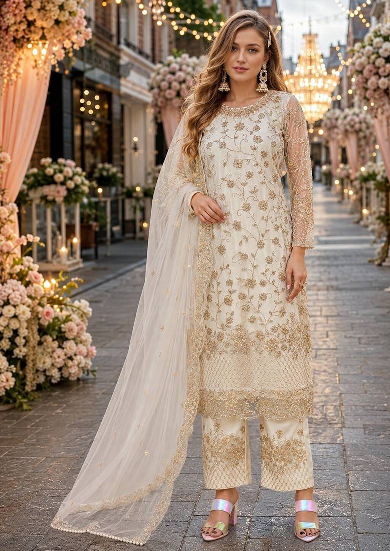 white embroidered net semi stitched salwar suit