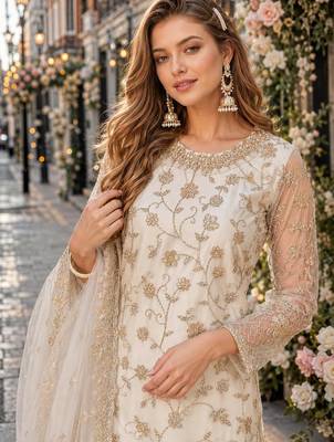 white embroidered net semi stitched salwar suit 2